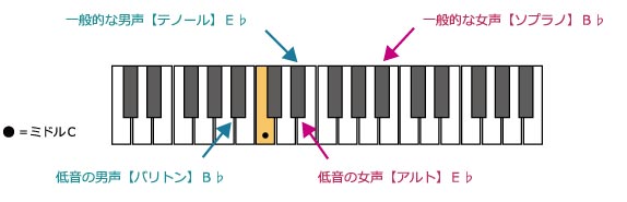 鍵盤上に示された各声種のファーストブリッジ